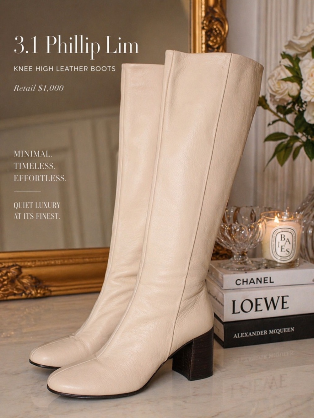 Phillip Lim Cream Knee High Leather Boots | Minimalist Luxury | Size